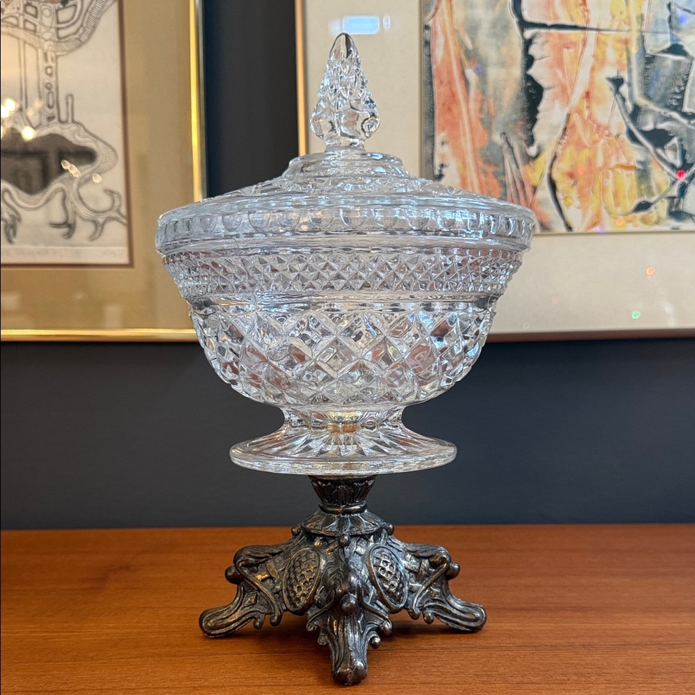 Elegant Crystal Candy Dish ornate base vintage glass